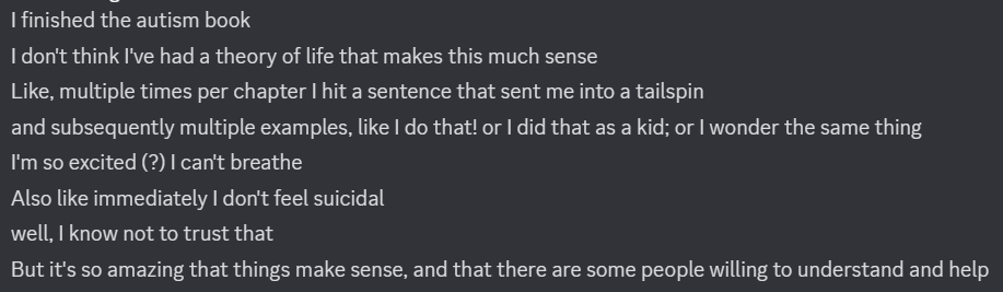 Discord screenshot - I talk about reading Fern Brady's book and finding a theory of life